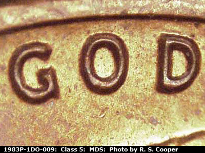 Die-stage B marker on 1983P•1DO•009 (1983 Doubled Die Obverse).