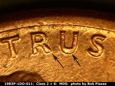 Die-stage B marker on 1983P•1DO•011 (1983 Doubled Die Obverse).