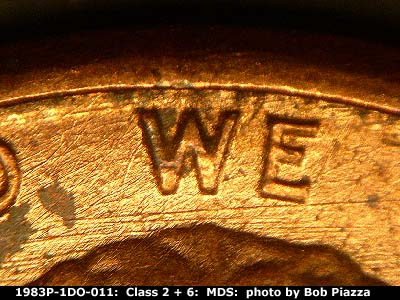 Die-stage B marker on 1983P•1DO•011 (1983 Doubled Die Obverse).