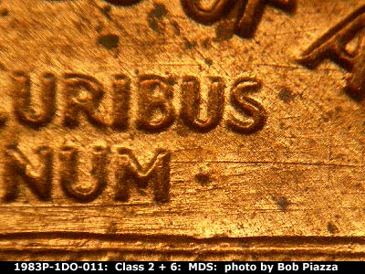 Die-stage B marker on 1983P•1DO•011 (1983 Doubled Die Obverse).