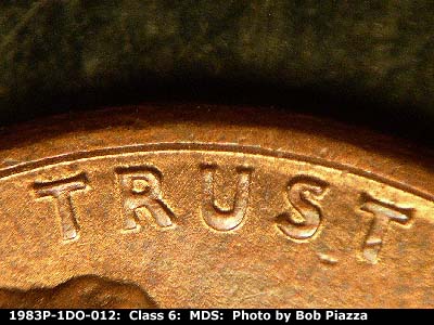 Die-stage B marker on 1983P•1DO•012 (1983 Doubled Die Obverse).