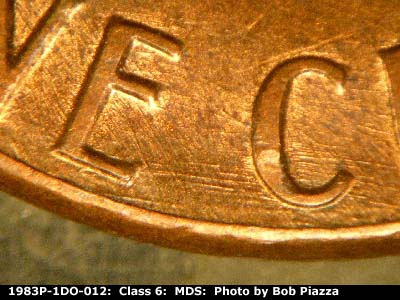 Die-stage B marker on 1983P•1DO•012 (1983 Doubled Die Obverse).