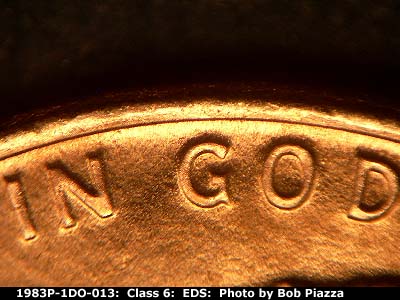 Die-stage A marker on 1983P•1DO•013 (1983 Doubled Die Obverse).