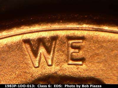 Die-stage A marker on 1983P•1DO•013 (1983 Doubled Die Obverse).