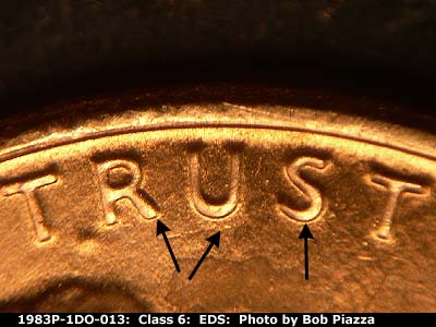 Die-stage A marker on 1983P•1DO•013 (1983 Doubled Die Obverse).