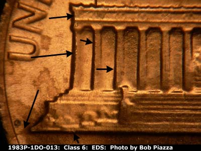 Die-stage A marker on 1983P•1DO•013 (1983 Doubled Die Obverse).