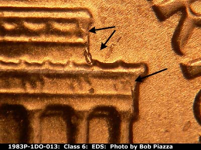 Die-stage A marker on 1983P•1DO•013 (1983 Doubled Die Obverse).