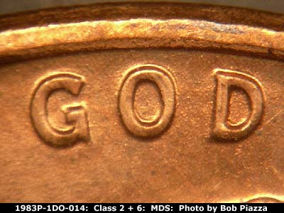 Die-stage B marker on 1983P•1DO•014 (1983 Doubled Die Obverse).