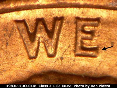 Die-stage B marker on 1983P•1DO•014 (1983 Doubled Die Obverse).