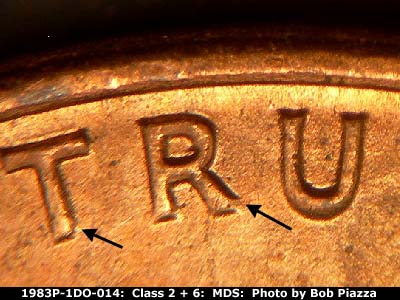 Die-stage B marker on 1983P•1DO•014 (1983 Doubled Die Obverse).