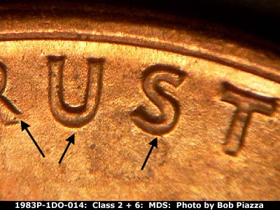 Die-stage B marker on 1983P•1DO•014 (1983 Doubled Die Obverse).