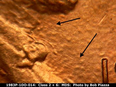 Die-stage B marker on 1983P•1DO•014 (1983 Doubled Die Obverse).