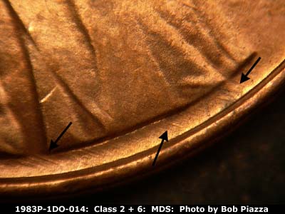 Die-stage B marker on 1983P•1DO•014 (1983 Doubled Die Obverse).