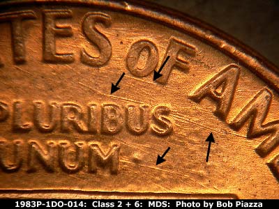 Die-stage B marker on 1983P•1DO•014 (1983 Doubled Die Obverse).