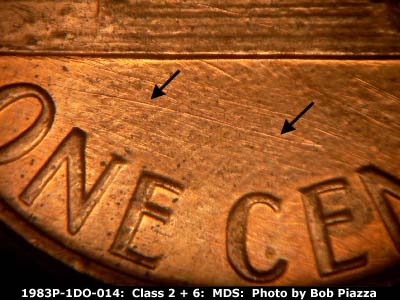 Die-stage B marker on 1983P•1DO•014 (1983 Doubled Die Obverse).