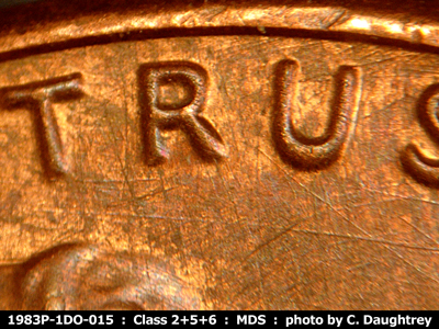 Die-stage B marker on 1983P•1DO•015 (1983 Doubled Die Obverse).