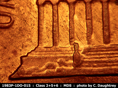 Die-stage B marker on 1983P•1DO•015 (1983 Doubled Die Obverse).