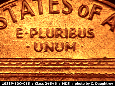 Die-stage B marker on 1983P•1DO•015 (1983 Doubled Die Obverse).
