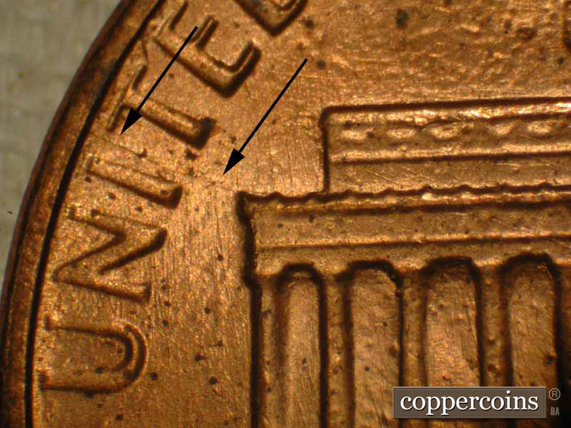 Die-stage B marker on 1983P•1DO•017 (1983 Doubled Die Obverse).