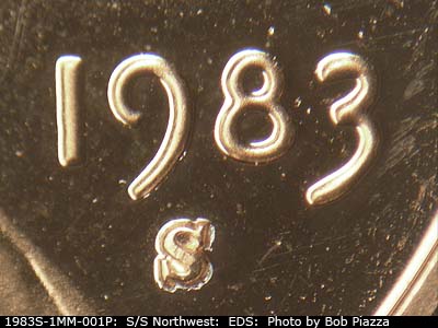 Die-stage A marker on 1983S•1MM•001P (1983 Repunched Mint Mark).