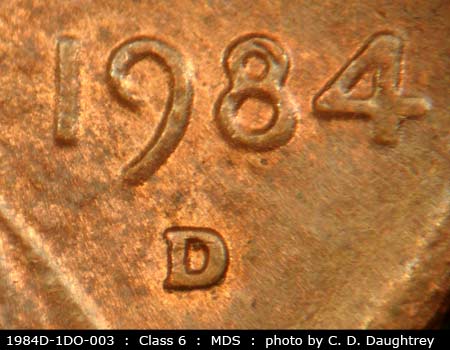 1984 Lincoln cent obverse, CopperCoins die 1984D•1DO•003.