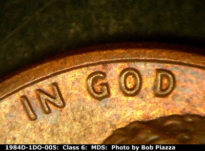 Die-stage B marker on 1984D•1DO•005 (1984 Doubled Die Obverse).