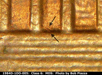 Die-stage B marker on 1984D•1DO•005 (1984 Doubled Die Obverse).