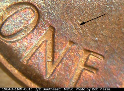 Die-stage B marker on 1984D•1MM•001 (1984 Repunched Mint Mark).