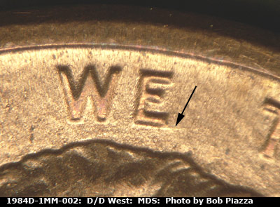 Die-stage B marker on 1984D•1MM•002 (1984 Repunched Mint Mark).