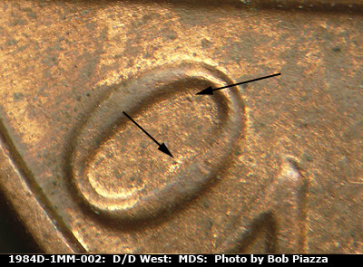 Die-stage B marker on 1984D•1MM•002 (1984 Repunched Mint Mark).