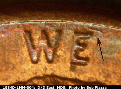 Die-stage B marker on 1984D•1MM•004 (1984 Repunched Mint Mark).