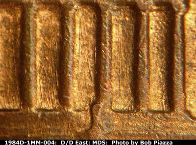 Die-stage B marker on 1984D•1MM•004 (1984 Repunched Mint Mark).
