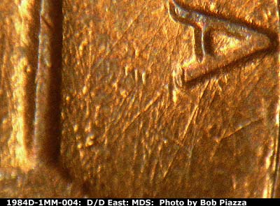 Die-stage B marker on 1984D•1MM•004 (1984 Repunched Mint Mark).