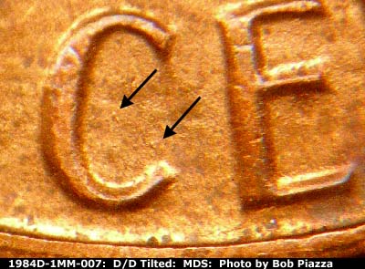 Die-stage B marker on 1984D•1MM•007 (1984 Repunched Mint Mark).