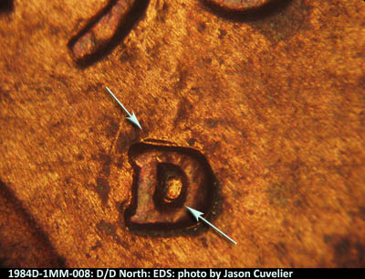Die-stage A marker on 1984D•1MM•008 (1984 Repunched Mint Mark).