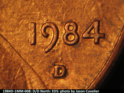Die-stage A marker on 1984D•1MM•008 (1984 Repunched Mint Mark).