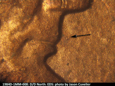 Die-stage A marker on 1984D•1MM•008 (1984 Repunched Mint Mark).