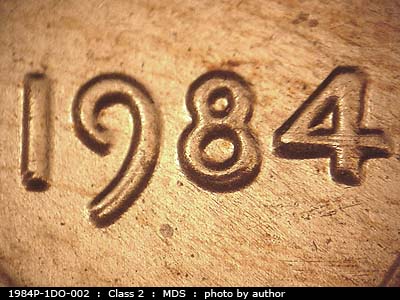 1984 Lincoln cent obverse, CopperCoins die 1984P•1DO•002.