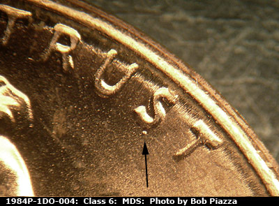 Die-stage B marker on 1984P•1DO•004 (1984 Doubled Die Obverse).