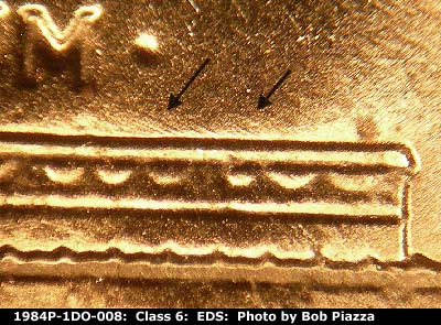 Die-stage A marker on 1984P•1DO•008 (1984 Doubled Die Obverse).