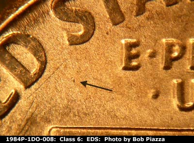 Die-stage A marker on 1984P•1DO•008 (1984 Doubled Die Obverse).