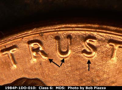 Die-stage B marker on 1984P•1DO•010 (1984 Doubled Die Obverse).
