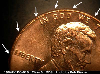 Die-stage B marker on 1984P•1DO•010 (1984 Doubled Die Obverse).