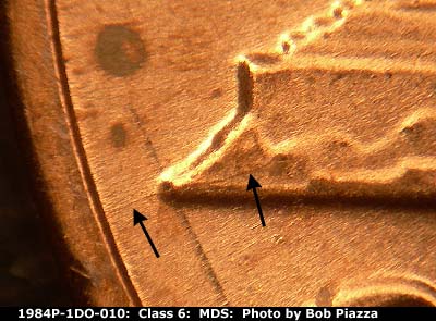 Die-stage B marker on 1984P•1DO•010 (1984 Doubled Die Obverse).
