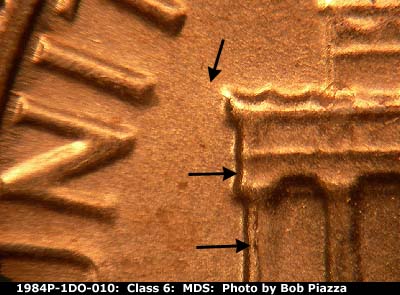 Die-stage B marker on 1984P•1DO•010 (1984 Doubled Die Obverse).