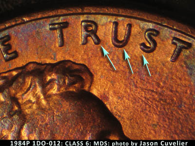 Die-stage B marker on 1984P•1DO•012 (1984 Doubled Die Obverse).