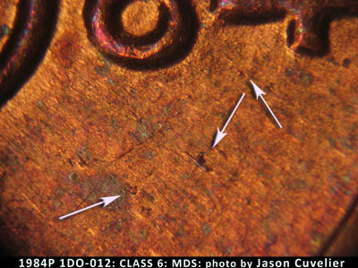 Die-stage B marker on 1984P•1DO•012 (1984 Doubled Die Obverse).