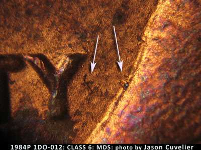 Die-stage B marker on 1984P•1DO•012 (1984 Doubled Die Obverse).