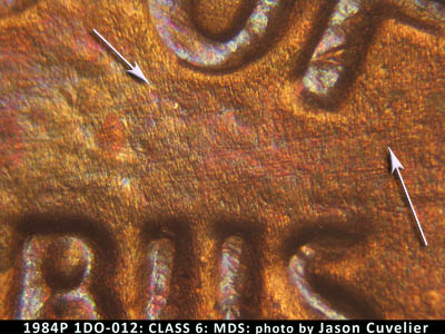 Die-stage B marker on 1984P•1DO•012 (1984 Doubled Die Obverse).