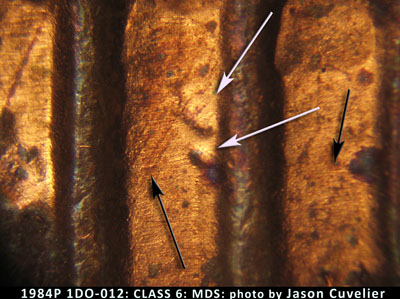 Die-stage B marker on 1984P•1DO•012 (1984 Doubled Die Obverse).